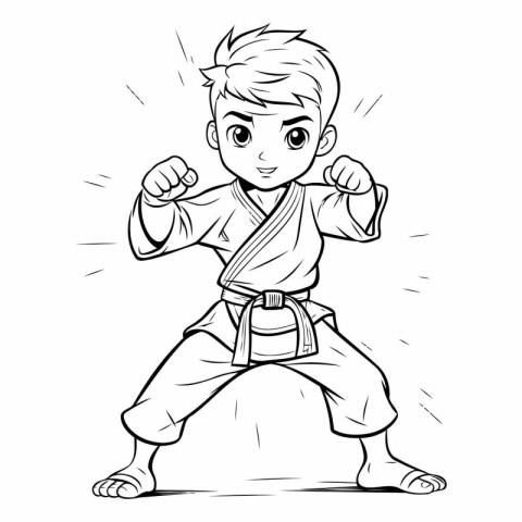 Karate boy cartoon - Black and White Vector illustration for col