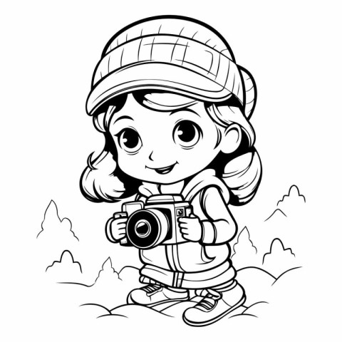 Outline illustration of a cute little girl with a camera in her