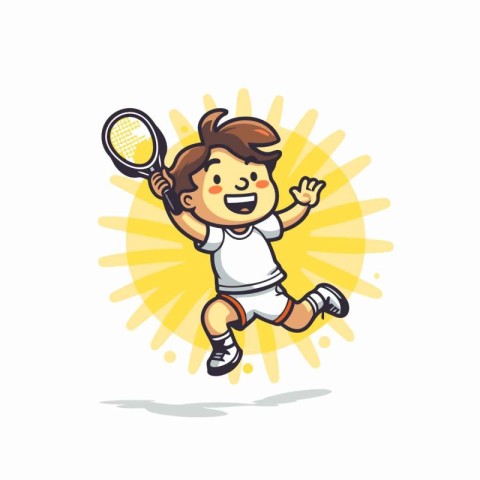 Cartoon boy playing badminton. Vector illustration on white back