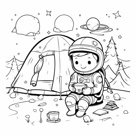 Coloring book for children: astronaut with a cup of tea in the c