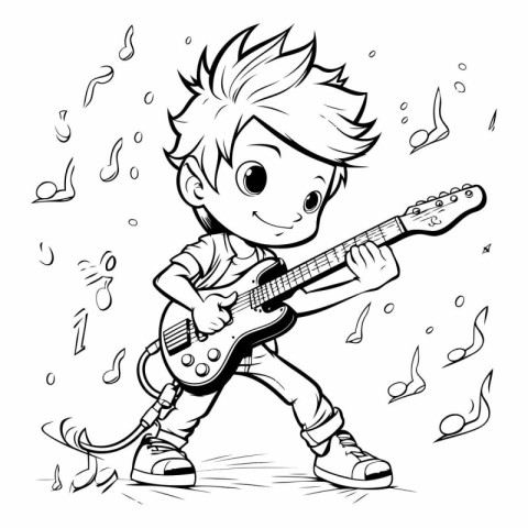 Little boy playing the electric guitar. Black and white vector i