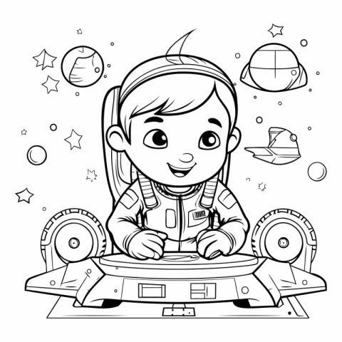 Coloring Page Outline Of a Kid Playing Astronaut Vector Illustra