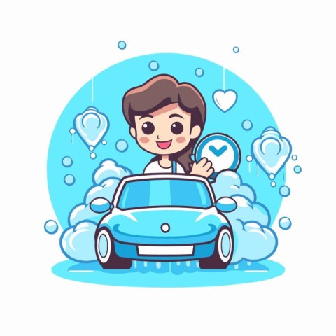 Cute little boy driving a car in the rain. Vector illustration.