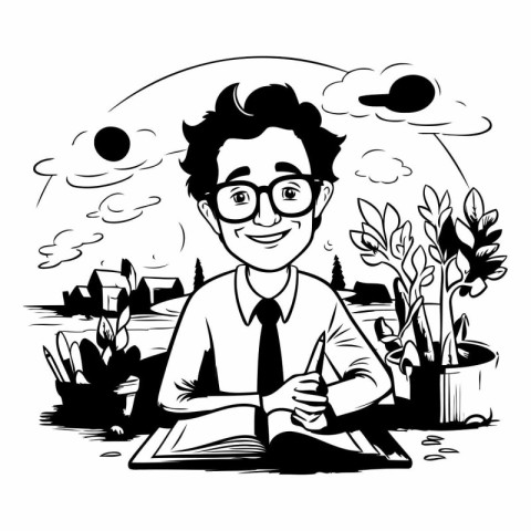 Man reading a book in the garden. Black and white vector illustr