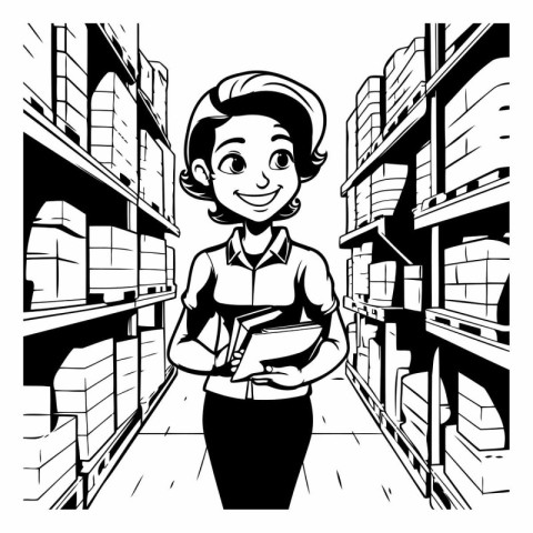 Vector illustration of a female warehouse worker standing in fro