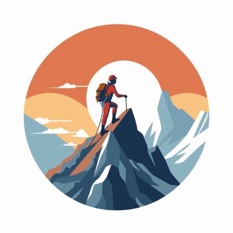 Hiker on the top of mountain. Vector illustration in flat style.