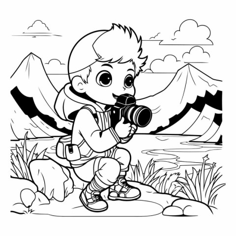 Boy with a camera in the mountains. Vector illustration for colo