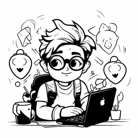 Cute schoolboy with laptop and books. Vector illustration. Black