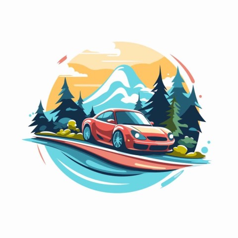 Red car on a background of mountains and lake. Vector illustrati