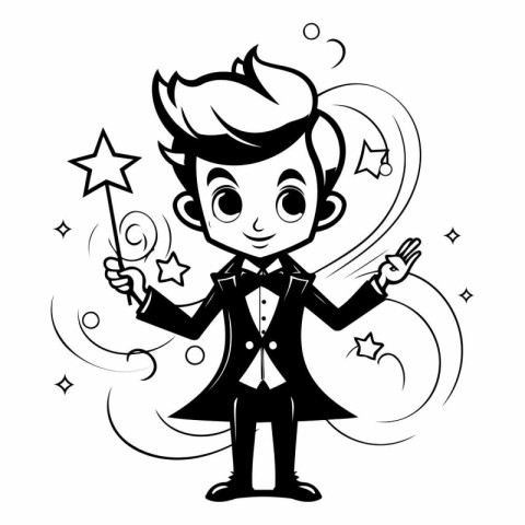 Black and white cartoon illustration of a magician holding a mag