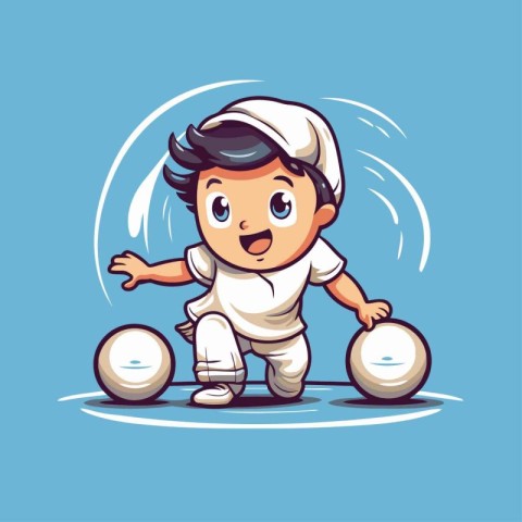 Cute boy playing bowling. Vector illustration of a little boy pl