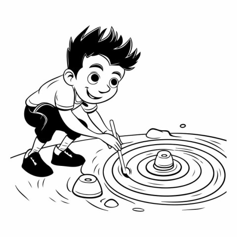 Boy playing with a water wheel. Black and white vector illustrat