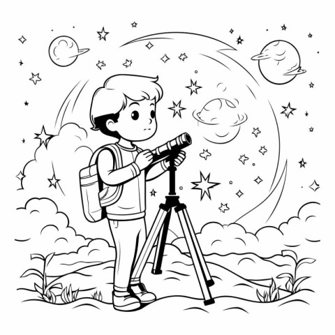 Boy with a telescope on the background of the night sky. Vector