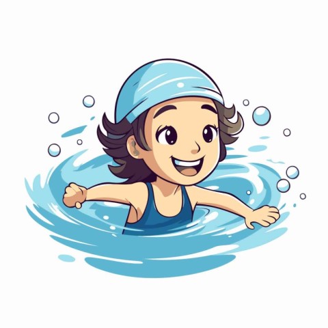 Vector illustration of a little girl swimming in the pool. Carto