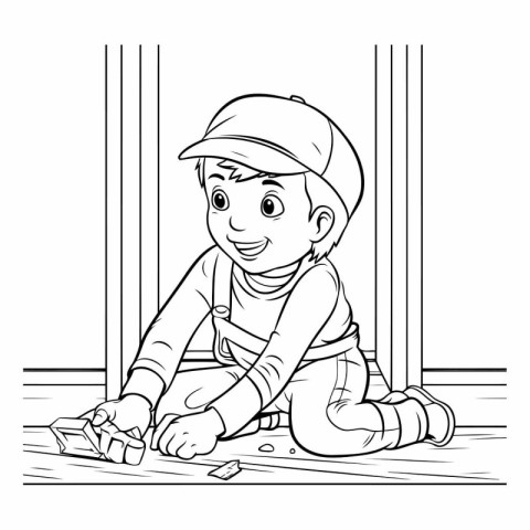 Cute little boy playing with blocks in the room. Vector illustra