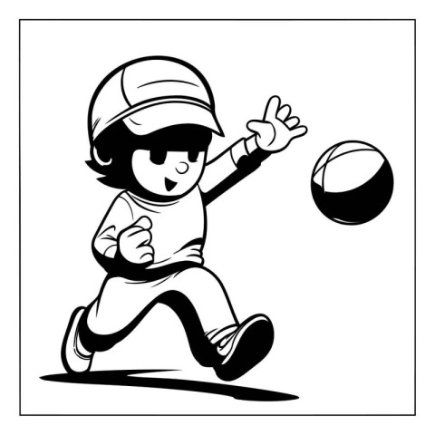 Boy playing volleyball. Black and white illustration of boy play