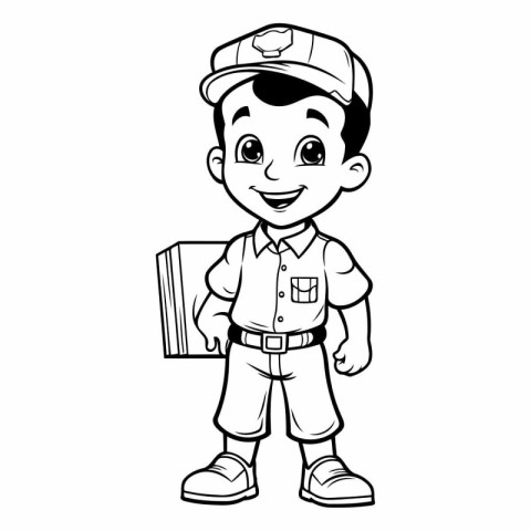 Black and White Cartoon Illustration of Cute Little Boy in Unifo