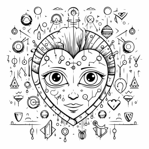 Black and white line art illustration of a female head with stra