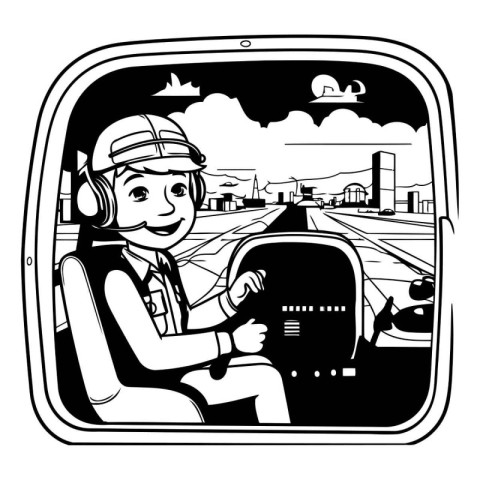 Vector illustration of a boy in a pilot's helmet driving a car