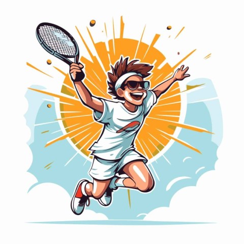 Tennis player jumping with racket. Vector illustration of tennis