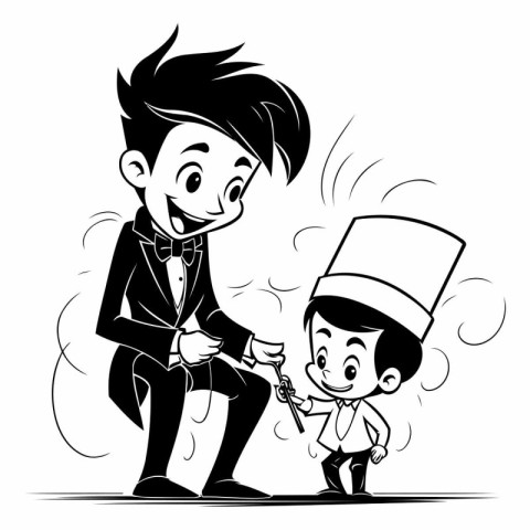 Illustration of a waiter serving a little boy in a tuxedo