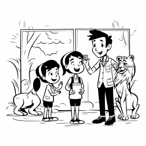 Happy family with dog and cat at home. Black and white vector il