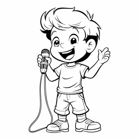 Boy Singing with Microphone - Black and White Cartoon Illustrati