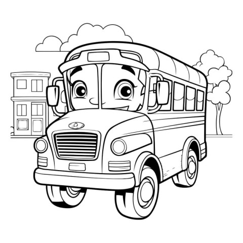 Black and White Cartoon Illustration of a School Bus or School B