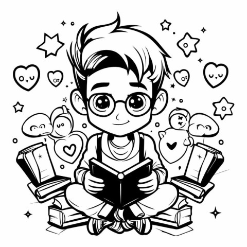 Black and White Cartoon Illustration of Kid Boy Reading a Book C