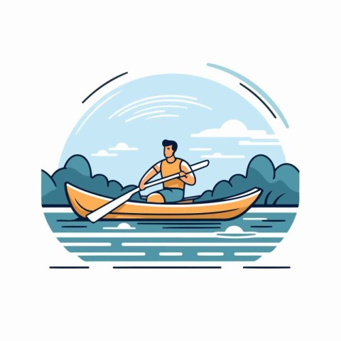 Man in a kayak on the river. Vector flat illustration.