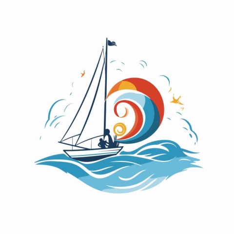 Sailing boat on the waves. Vector illustration on a white backgr