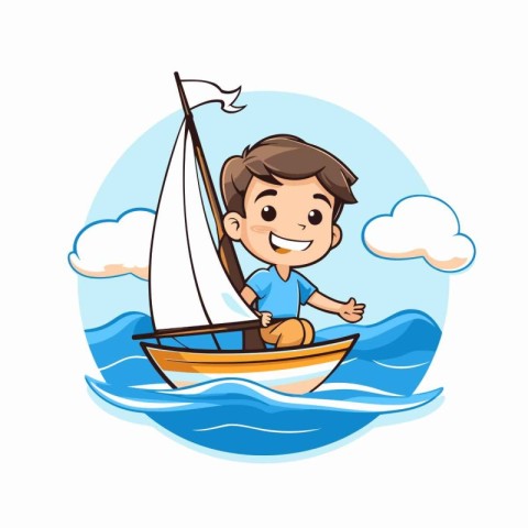 Cute boy on a sailboat in the sea. Vector illustration