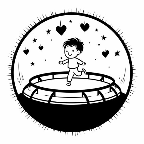 Boy running on a trampoline. Vector illustration in black and wh