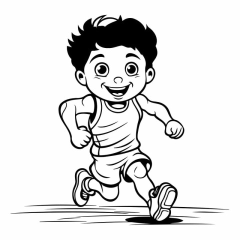 Black and White Cartoon Illustration of a Kid Running for Colori