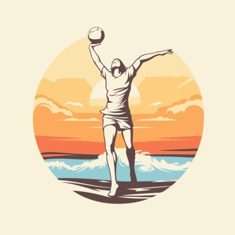 Man playing volleyball on the beach. Vector illustration in retr