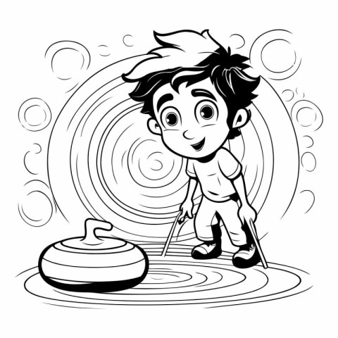 Cute boy playing pottery. Black and white vector illustration.