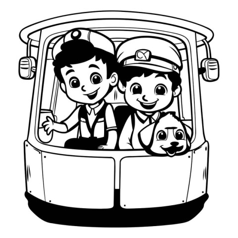 Children driving a car with a dog. black and white vector illust