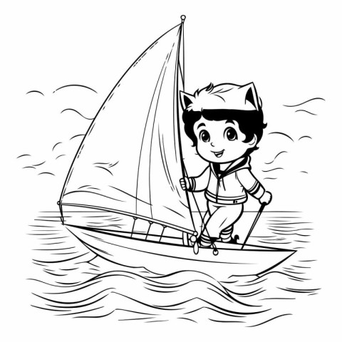 Boy sailing on a sailboat. black and white vector illustration.