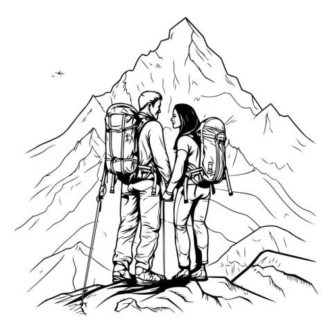 Hiking couple with backpacks on the mountain. Vector illustratio