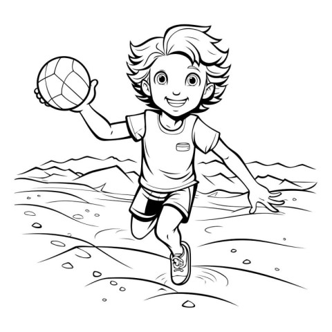 Boy playing beach volleyball. Black and white vector illustratio