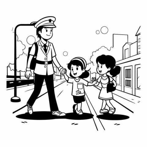 Illustration of a policeman walking with his children in the cit