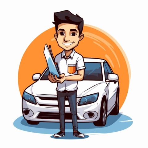 Man with a newspaper and a car. Vector illustration in cartoon s