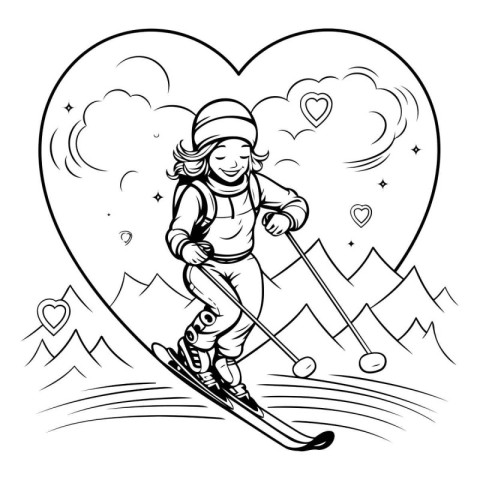 Girl skiing in the mountains. Black and white vector illustratio