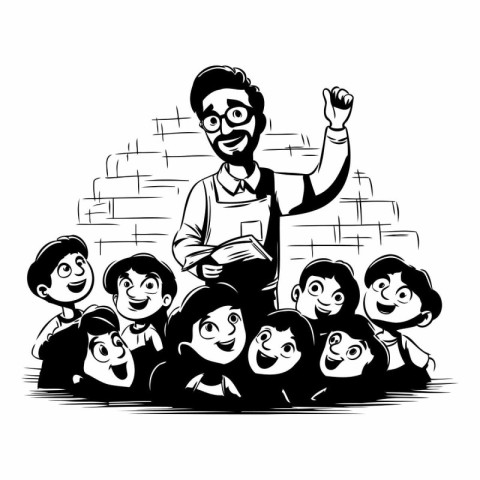 Black and white illustration of a teacher with a group of childr