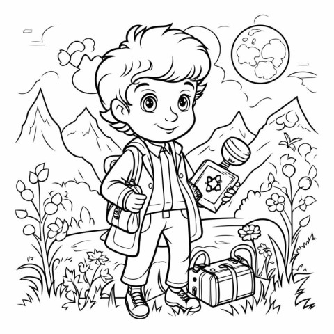 Coloring Page Outline Of a Cute Little Boy Traveling with his Ba