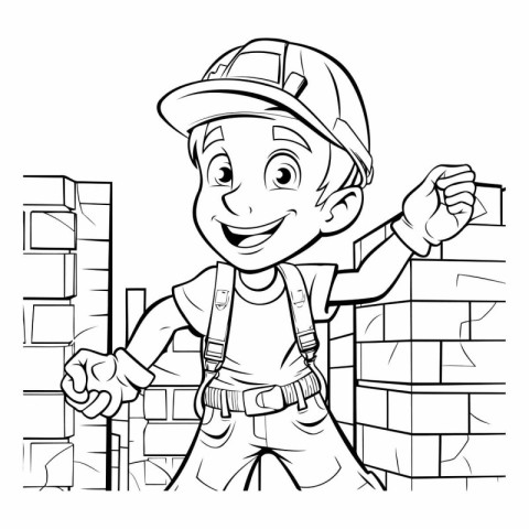 Black and White Cartoon Illustration of Kid Boy Construction Wor