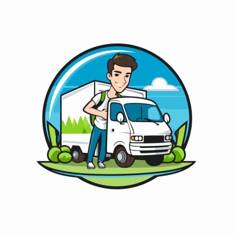 Vector illustration of a man with a van in the background set in