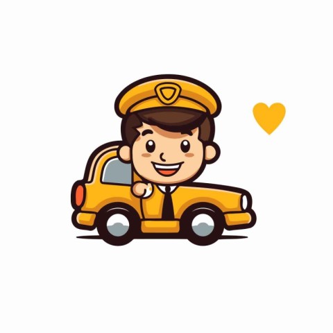 Cute boy in pilot cap and uniform driving car. Vector illustrati