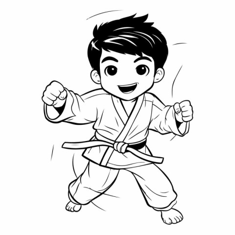 Cartoon karate boy. Black and white vector illustration for colo