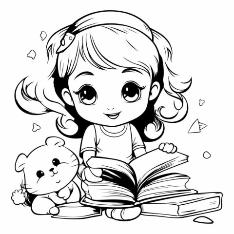 Cute little girl reading book. Black and white vector illustrati